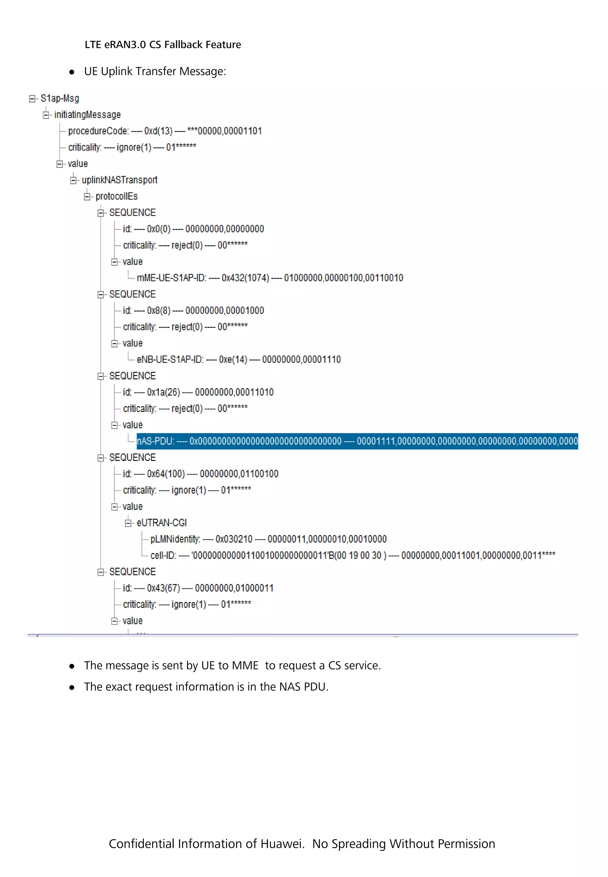  UE Uplink Transfer Message:
 The message is sent by UE to MME to request a CS service.
 The exact request information is in the NAS PDU.
LTE eRAN3.0 CS Fallback Feature
Confidential Information of Huawei. No Spreading Without Permission
 