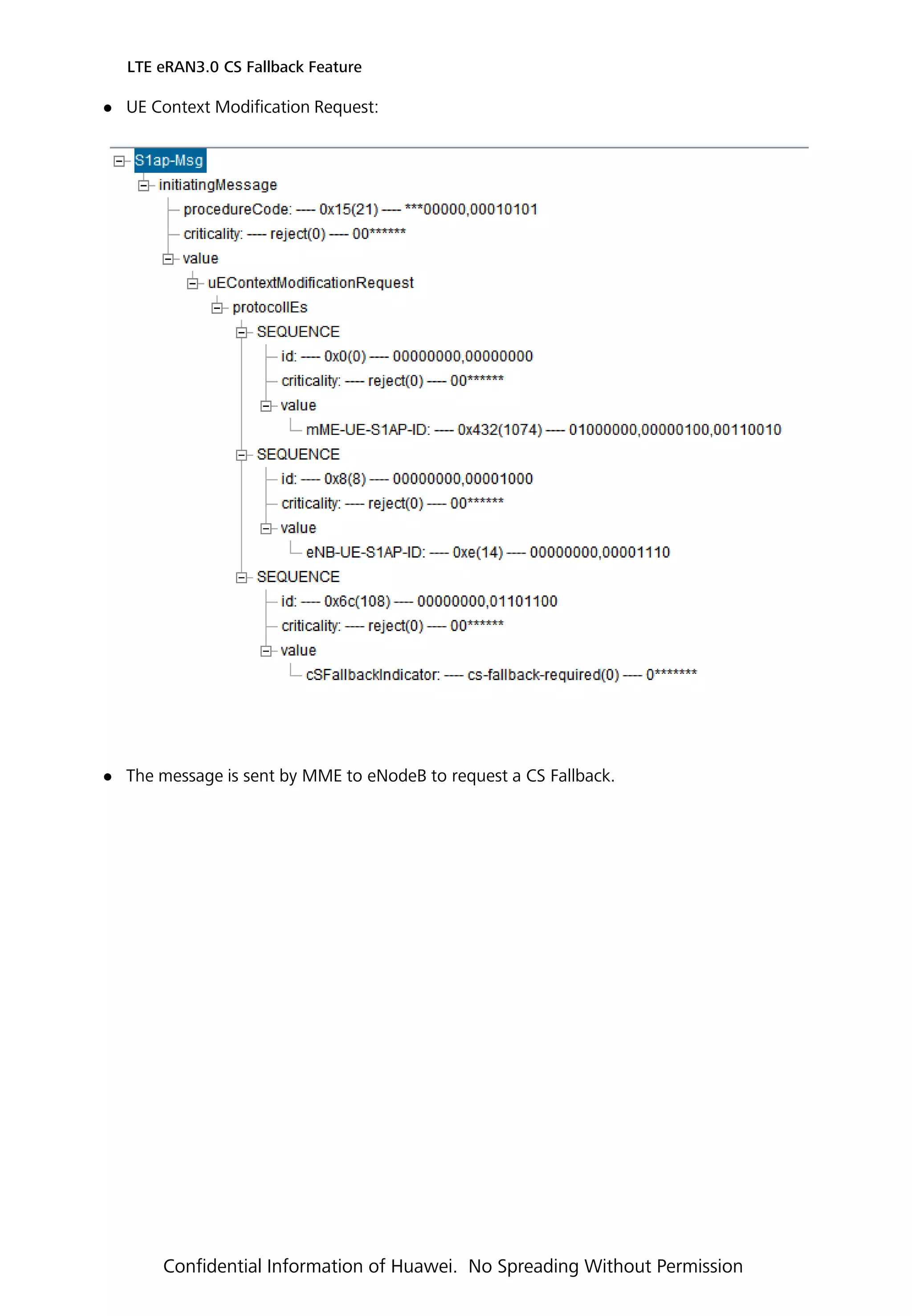  UE Context Modification Request:
 The message is sent by MME to eNodeB to request a CS Fallback.
LTE eRAN3.0 CS Fallback Feature
Confidential Information of Huawei. No Spreading Without Permission
 