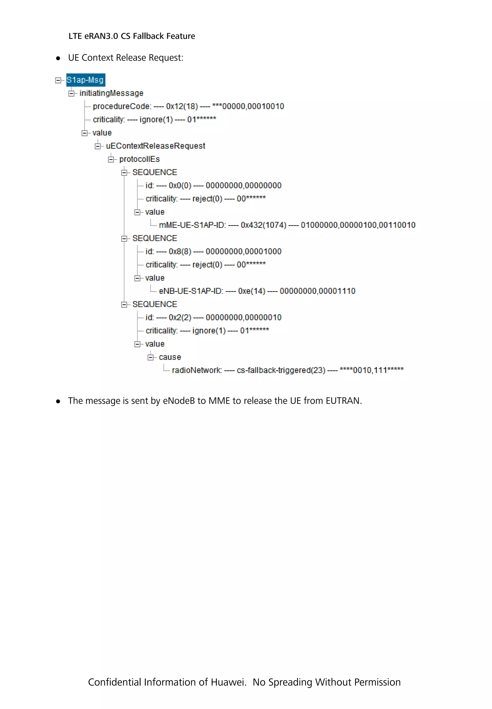  UE Context Release Request:
 The message is sent by eNodeB to MME to release the UE from EUTRAN.
LTE eRAN3.0 CS Fallback Feature
Confidential Information of Huawei. No Spreading Without Permission
 