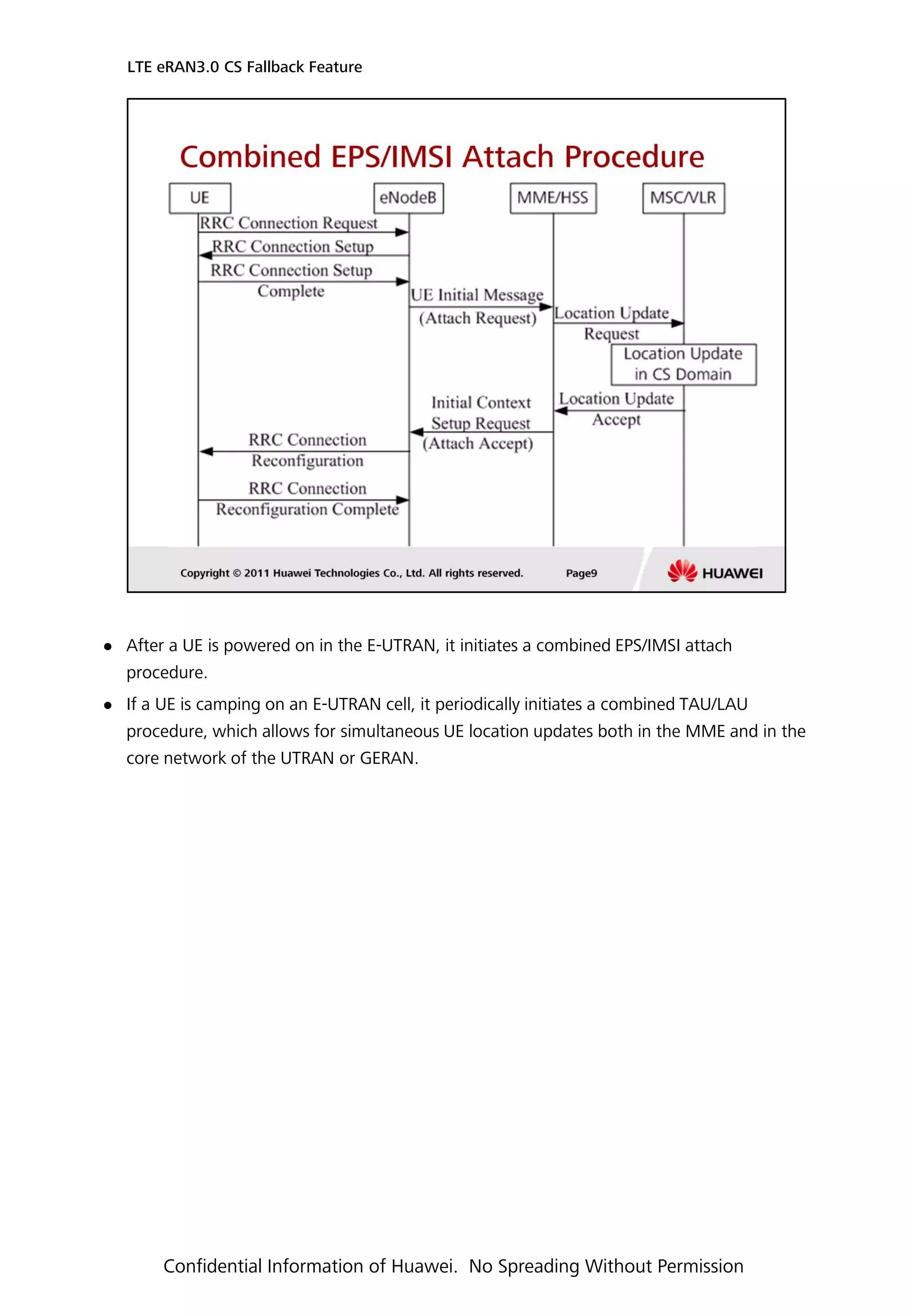  After a UE is powered on in the E-UTRAN, it initiates a combined EPS/IMSI attach
procedure.
 If a UE is camping on an E-UTRAN cell, it periodically initiates a combined TAU/LAU
procedure, which allows for simultaneous UE location updates both in the MME and in the
core network of the UTRAN or GERAN.
LTE eRAN3.0 CS Fallback Feature
Confidential Information of Huawei. No Spreading Without Permission
 
