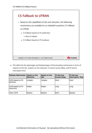  This table lists the advantages and disadvantages of the preceding mechanisms in terms of
impacts on the UEs, impacts on the networks, CS service access delay, and PS service
interruption time.
LTE eRAN3.0 CS Fallback Feature
Confidential Information of Huawei. No Spreading Without Permission
 
