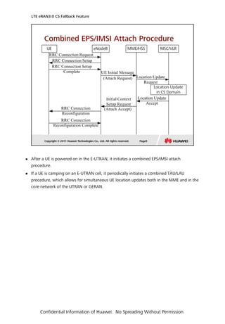  After a UE is powered on in the E-UTRAN, it initiates a combined EPS/IMSI attach
procedure.
 If a UE is camping on an E-UTRAN cell, it periodically initiates a combined TAU/LAU
procedure, which allows for simultaneous UE location updates both in the MME and in the
core network of the UTRAN or GERAN.
LTE eRAN3.0 CS Fallback Feature
Confidential Information of Huawei. No Spreading Without Permission
 