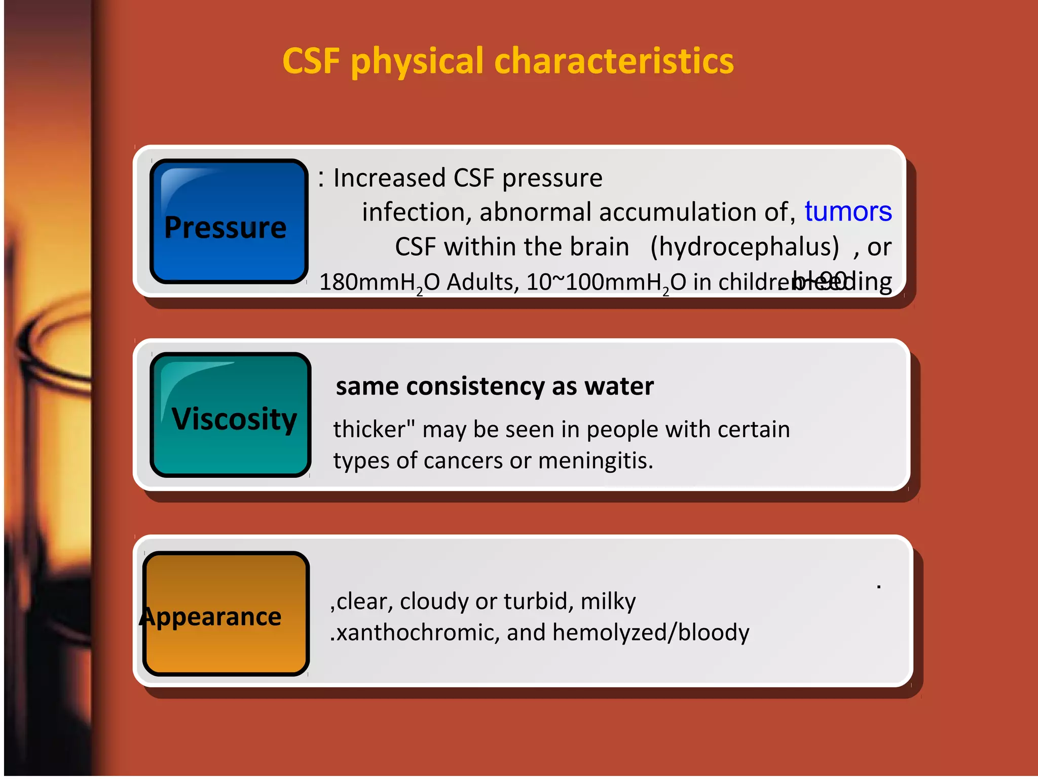 CSF physical characteristics
.
Pressure
Increased CSF pressure:
tumors,infection, abnormal accumulation of
CSF within the brain (hydrocephalus) , or
bleeding.
Viscosity
same consistency as water
thicker" may be seen in people with certain
types of cancers or meningitis.
Appearance
clear, cloudy or turbid, milky,
xanthochromic, and hemolyzed/bloody.
90~180mmH2O Adults, 10~100mmH2O in children
 