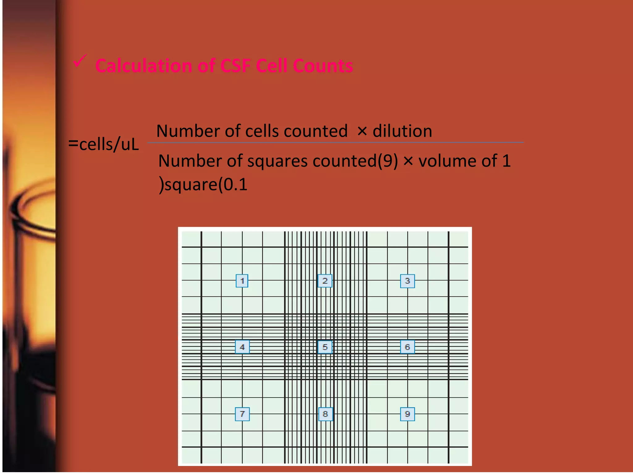 Calculation of CSF Cell Counts
Number of cells counted × dilution
Number of squares counted(9) × volume of 1
square(0.1(
cells/uL=
 