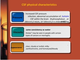CSF physical characteristics
.
Pressure
Increased CSF pressure:
tumors,infection, abnormal accumulation of
CSF within the brain (hydrocephalus) , or
bleeding.
Viscosity
same consistency as water
thicker" may be seen in people with certain
types of cancers or meningitis.
Appearance
clear, cloudy or turbid, milky,
xanthochromic, and hemolyzed/bloody.
90~180mmH2O Adults, 10~100mmH2O in children
 