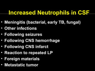 Increased Neutrophils in CSF
• Meningitis (bacterial, early TB, fungal)
• Other infections
• Following seizures
• Following CNS hemorrhage
• Following CNS infarct
• Reaction to repeated LP
• Foreign materials
• Metastatic tumor
 
