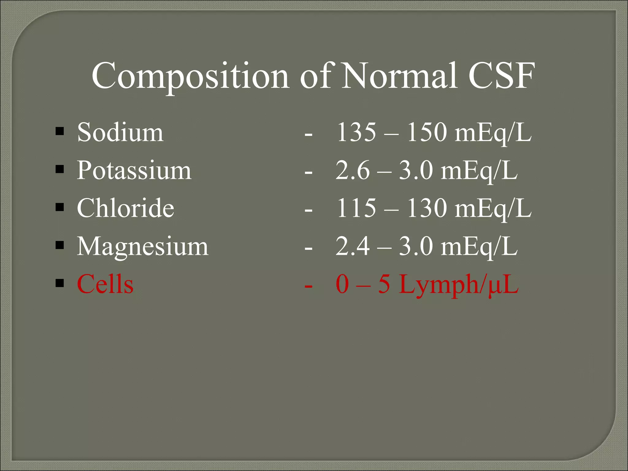 Composition of Normal CSF Sodium - 135 – 150 mEq/L Potassium -  2.6 – 3.0 mEq/L Chloride - 115 – 130 mEq/L Magnesium  -  2.4 – 3.0 mEq/L Cells -  0 – 5 Lymph/ μ L 