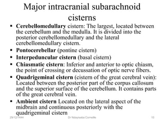 Major intracranial subarachnoid
cisterns
 Cerebellomedullary cistern: The largest, located between
the cerebellum and the medulla. It is divided into the
posterior cerebellomedullary and the lateral
cerebellomedullary cistern.
 Pontocerebellar (pontine cistern)
 Interpeduncular cistern (basal cistern)
 Chiasmatic cistern: Inferior and anterior to optic chiasm,
the point of crossing or decussation of optic nerve fibers.
 Quadrigeminal cistern (cistern of the great cerebral vein):
Located between the posterior part of the corpus callosum
and the superior surface of the cerebellum. It contains parts
of the great cerebral vein.
 Ambient cistern Located on the lateral aspect of the
midbrain and continuous posteriorly with the
quadrigeminal cistern
29/12/1444 Dr Ndayisaba Corneille 10
 