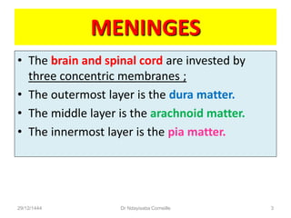 MENINGES
• The brain and spinal cord are invested by
three concentric membranes ;
• The outermost layer is the dura matter.
• The middle layer is the arachnoid matter.
• The innermost layer is the pia matter.
29/12/1444 Dr Ndayisaba Corneille 3
 