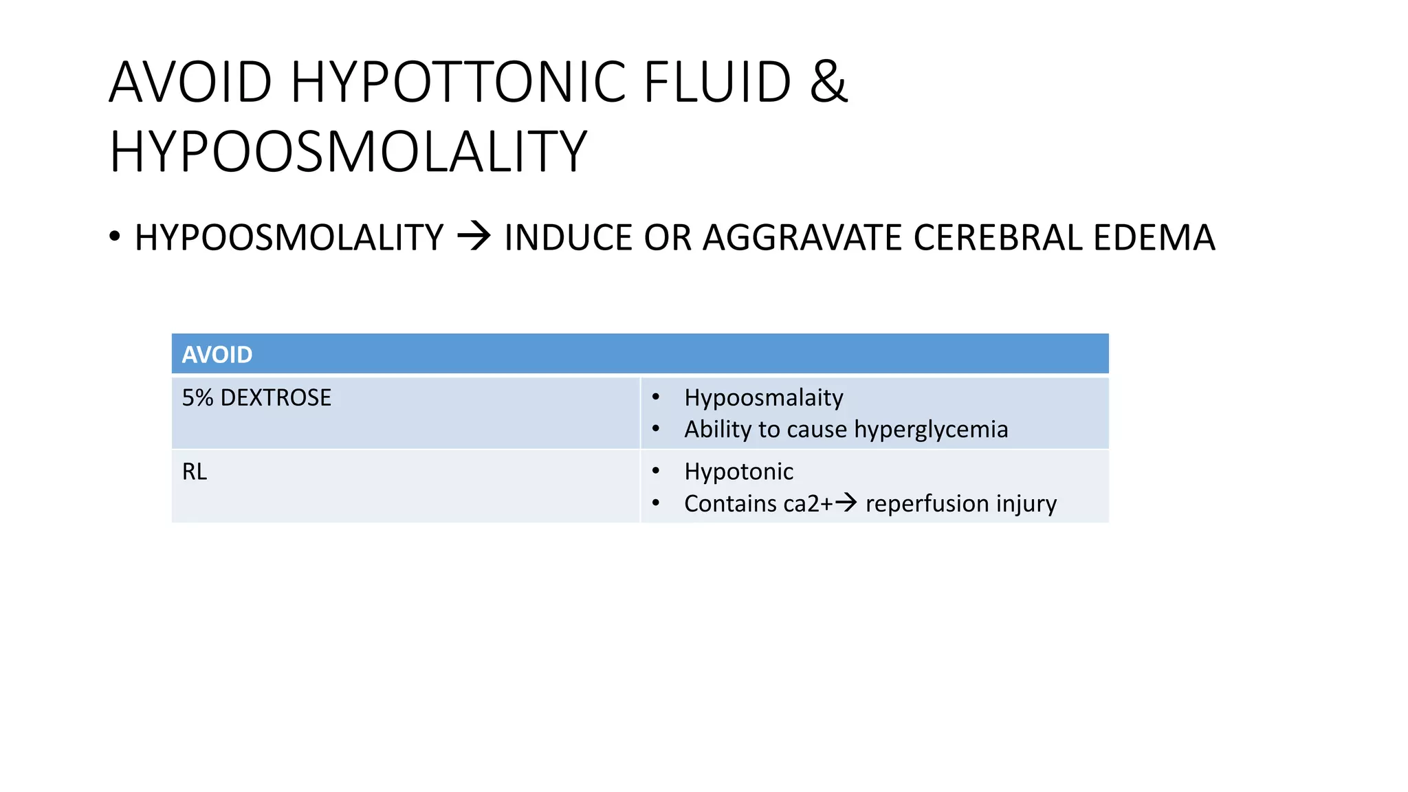 AVOID HYPOTTONIC FLUID &
HYPOOSMOLALITY
• HYPOOSMOLALITY  INDUCE OR AGGRAVATE CEREBRAL EDEMA
AVOID
5% DEXTROSE • Hypoosmalaity
• Ability to cause hyperglycemia
RL • Hypotonic
• Contains ca2+ reperfusion injury
 