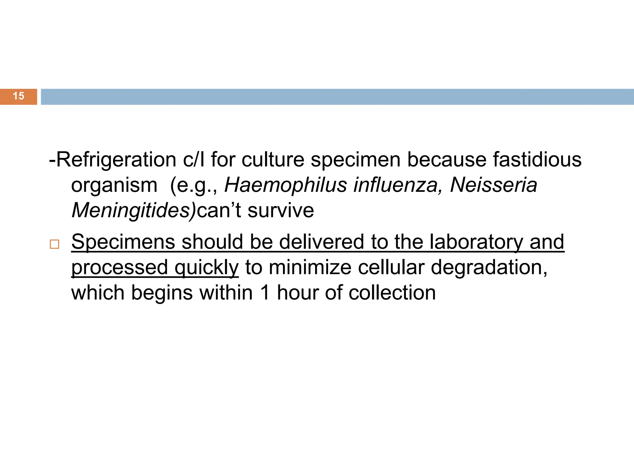 -Refrigeration c/I for culture specimen because fastidious
organism (e.g., Haemophilus influenza, Neisseria
Meningitides)can’t survive
 Specimens should be delivered to the laboratory and
processed quickly to minimize cellular degradation,
which begins within 1 hour of collection
15
 