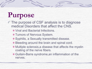 Purpose
The purpose of CSF analysis is to diagnose
medical Disorders that affect the CNS.
Viral and Bacterial Infections.
Tumors of Nervous System.
Syphilis, a Sexually transmitted disease.
Bleeding around the brain and spinal cord.
Multiple sclerosis,a disease that affects the myelin
coating of the nerve fibers.
Guilain-Barre syndrome,an inflammation of the
nerves.
 