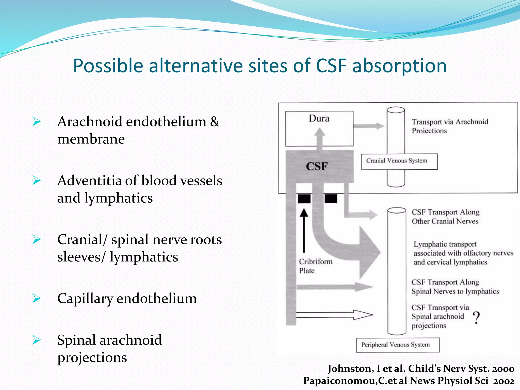 Possible alternative sites of CSF absorption
 Arachnoid endothelium &
membrane
 Adventitia of blood vessels
and lymphatics
 Cranial/ spinal nerve roots
sleeves/ lymphatics
 Capillary endothelium
 Spinal arachnoid
projections
Johnston, I et al. Child's Nerv Syst. 2000
Papaiconomou,C.et al News Physiol Sci 2002
 