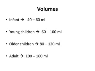 Volumes
• Infant  40 – 60 ml
• Young children  60 – 100 ml
• Older children  80 – 120 ml
• Adult  100 – 160 ml
 