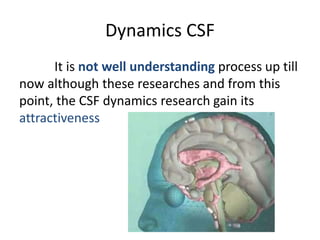 Dynamics CSF
It is not well understanding process up till
now although these researches and from this
point, the CSF dynamics research gain its
attractiveness
 