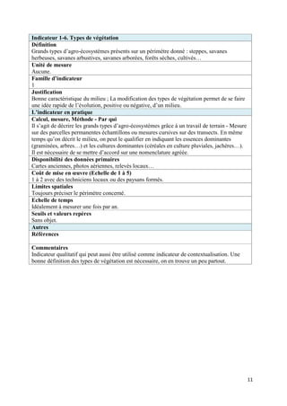 Indicateur 1-6. Types de végétation
Définition
Grands types d’agro-écosystèmes présents sur un périmètre donné : steppes, savanes
herbeuses, savanes arbustives, savanes arborées, forêts sèches, cultivés…
Unité de mesure
Aucune.
Famille d’indicateur
1
Justification
Bonne caractéristique du milieu ; La modification des types de végétation permet de se faire
une idée rapide de l’évolution, positive ou négative, d’un milieu.
L’indicateur en pratique
Calcul, mesure, Méthode - Par qui
Il s’agit de décrire les grands types d’agro-écosystèmes grâce à un travail de terrain - Mesure
sur des parcelles permanentes échantillons ou mesures cursives sur des transects. En même
temps qu’on décrit le milieu, on peut le qualifier en indiquant les essences dominantes
(graminées, arbres…) et les cultures dominantes (céréales en culture pluviales, jachères…).
Il est nécessaire de se mettre d’accord sur une nomenclature agréée.
Disponibilité des données primaires
Cartes anciennes, photos aériennes, relevés locaux…
Coût de mise en œuvre (Echelle de 1 à 5)
1 à 2 avec des techniciens locaux ou des paysans formés.
Limites spatiales
Toujours préciser le périmètre concerné.
Echelle de temps
Idéalement à mesurer une fois par an.
Seuils et valeurs repères
Sans objet.
Autres
Références

Commentaires
Indicateur qualitatif qui peut aussi être utilisé comme indicateur de contextualisation. Une
bonne définition des types de végétation est nécessaire, on en trouve un peu partout.




                                                                                                  11
 