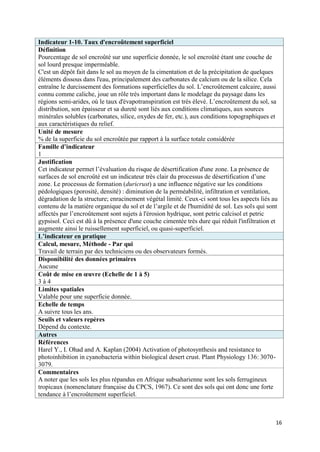 Indicateur 1-10. Taux d'encroûtement superficiel
Définition
Pourcentage de sol encroûté sur une superficie donnée, le sol encroûté étant une couche de
sol lourd presque imperméable.
C'est un dépôt fait dans le sol au moyen de la cimentation et de la précipitation de quelques
éléments dissous dans l'eau, principalement des carbonates de calcium ou de la silice. Cela
entraîne le durcissement des formations superficielles du sol. L’encroûtement calcaire, aussi
connu comme caliche, joue un rôle très important dans le modelage du paysage dans les
régions semi-arides, où le taux d'évapotranspiration est très élevé. L’encroûtement du sol, sa
distribution, son épaisseur et sa dureté sont liés aux conditions climatiques, aux sources
minérales solubles (carbonates, silice, oxydes de fer, etc.), aux conditions topographiques et
aux caractéristiques du relief.
Unité de mesure
% de la superficie du sol encroûtée par rapport à la surface totale considérée
Famille d’indicateur
1
Justification
Cet indicateur permet l’évaluation du risque de désertification d'une zone. La présence de
surfaces de sol encroûté est un indicateur très clair du processus de désertification d’une
zone. Le processus de formation (duricrust) a une influence négative sur les conditions
pédologiques (porosité, densité) : diminution de la perméabilité, infiltration et ventilation,
dégradation de la structure; enracinement végétal limité. Ceux-ci sont tous les aspects liés au
contenu de la matière organique du sol et de l’argile et de l'humidité de sol. Les sols qui sont
affectés par l’encroûtement sont sujets à l'érosion hydrique, sont petric calcisol et petric
gypsisol. Ceci est dû à la présence d'une couche cimentée très dure qui réduit l'infiltration et
augmente ainsi le ruissellement superficiel, ou quasi-superficiel.
L’indicateur en pratique
Calcul, mesure, Méthode - Par qui
Travail de terrain par des techniciens ou des observateurs formés.
Disponibilité des données primaires
Aucune
Coût de mise en œuvre (Echelle de 1 à 5)
3à4
Limites spatiales
Valable pour une superficie donnée.
Echelle de temps
A suivre tous les ans.
Seuils et valeurs repères
Dépend du contexte.
Autres
Références
Harel Y., I. Ohad and A. Kaplan (2004) Activation of photosynthesis and resistance to
photoinhibition in cyanobacteria within biological desert crust. Plant Physiology 136: 3070-
3079.
Commentaires
A noter que les sols les plus répandus en Afrique subsaharienne sont les sols ferrugineux
tropicaux (nomenclature française du CPCS, 1967). Ce sont des sols qui ont donc une forte
tendance à l’encroûtement superficiel.



                                                                                               16
 