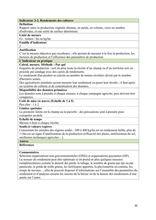 Indicateur 2-2. Rendements des cultures
Définition
Rapport entre la production végétale obtenue, en poids, en volume, voire en nombre
d'individus, et une unité de surface déterminée.
Unité de mesure
Ex : tonnes / ha ou kg/ha
Famille d’indicateur
2
Justification
C’est la mesure objective par excellence ; elle permet de mesurer à la fois la production, les
facteurs de production et l’efficience des paramètres de production
L’indicateur en pratique
Calcul, mesure, Méthode - Par qui
Enquêtes de production : soit on pèse toute la récolte d’un champ ou d’un territoire soit on
procède par sondage avec des carrés de rendements.
Le rendement d'un produit se calcule au nombre de tonnes récoltées divisé par le nombre
d'hectares semés.
Des agriculteurs entraînés savent mesurer leur rendement ou peser leur récolte ; il faut après
un système de collecte et de centralisation des données.
Disponibilité des données primaires
Les données sont à prendre à chaque mesure, à chaque campagne agricole, puis doivent être
comparées.
Coût de mise en œuvre (Echelle de 1 à 5)
Peu cher : 1 à 2.
Limites spatiales
La première limite est le champ ou la parcelle ; des précautions sont à prendre pour
extrapoler au-delà.
Echelle de temps
Mesure à faire à chaque récolte.
Seuils et valeurs repères
Concernant les céréales des régions arides : 300 à 400 kg/ha est un rendement faible, plus de
1 t/ha est un signe d’amélioration de la production (efficacité des pluies, amélioration du sol,
meilleures techniques agricoles…).
Autres
Références

Commentaires
Sélection organisations non gouvernementales (ONG) et organisations paysannes (OP).
La mesure du rendement peut être optimisée si on prend en plus quelques mesures
complémentaires comme la densité des pieds, le tallage, le nombre de grains par épi ou par
pannicule, le poids de mille grains, les fertilisants apportés, la pluviométrie en continu, les
temps de travaux….afin de pouvoir disposer d’informations sur l’ensemble des paramètres du
rendement et d’analyser ensuite les raisons de la baisse ou de la hausse des rendements d’une
année sur l’autre.




                                                                                              30
 