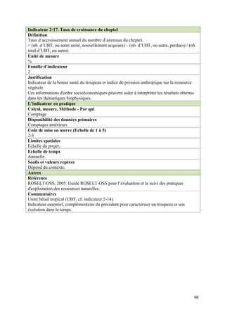 Indicateur 2-17. Taux de croissance du cheptel
Définition
Taux d’accroissement annuel du nombre d’animaux du cheptel.
= (nb. d’UBT, ou autre unité, nouvellement acquises) – (nb. d’UBT, ou autre, perdues) / (nb.
total d’UBT, ou autre)
Unité de mesure
%
Famille d’indicateur
2
Justification
Indicateur de la bonne santé du troupeau et indice de pression anthropique sur la ressource
végétale.
Ces informations d'ordre socioéconomiques peuvent aider à interpréter les résultats obtenus
dans les thématiques biophysiques.
L’indicateur en pratique
Calcul, mesure, Méthode - Par qui
Comptage
Disponibilité des données primaires
Comptages antérieurs
Coût de mise en œuvre (Echelle de 1 à 5)
2-3
Limites spatiales
Echelle du projet.
Echelle de temps
Annuelle.
Seuils et valeurs repères
Dépend du contexte.
Autres
Référence
ROSELT/OSS, 2005. Guide ROSELT-OSS pour l’évaluation et le suivi des pratiques
d'exploitation des ressources naturelles.
Commentaires
Unité bétail tropical (UBT, cf. indicateur 2-14).
Indicateur essentiel, complémentaire du précédent pour caractériser un troupeau et son
évolution dans le temps.




                                                                                          48
 