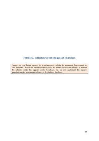 Famille 3. Indicateurs économiques et financiers


Ceux-ci ont pour but de mesurer les investissements réalisés, les sources de financement, les
taux de retour ; ils doivent aussi mesurer les coûts à l’hectare des actions réalisés, le montant
des salaires versés, les rapports coûts- bénéfices, etc. Ce sont également des mesures
quantitatives des revenus des ménages et des budgets familiaux.




                                                                                              50
 