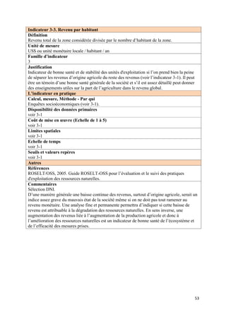 Indicateur 3-3. Revenu par habitant
Définition
Revenu total de la zone considérée divisée par le nombre d’habitant de la zone.
Unité de mesure
US$ ou unité monétaire locale / habitant / an
Famille d’indicateur
3
Justification
Indicateur de bonne santé et de stabilité des unités d'exploitation si l’on prend bien la peine
de séparer les revenus d’origine agricole du reste des revenus (voir l’indicateur 3-1). Il peut
être un témoin d’une bonne santé générale de la société et s’il est assez détaillé peut donner
des enseignements utiles sur la part de l’agriculture dans le revenu global.
L’indicateur en pratique
Calcul, mesure, Méthode - Par qui
Enquêtes socioéconomiques (voir 3-1).
Disponibilité des données primaires
voir 3-1
Coût de mise en œuvre (Echelle de 1 à 5)
voir 3-1
Limites spatiales
voir 3-1
Echelle de temps
voir 3-1
Seuils et valeurs repères
voir 3-1
Autres
Références
ROSELT/OSS, 2005. Guide ROSELT-OSS pour l’évaluation et le suivi des pratiques
d'exploitation des ressources naturelles.
Commentaires
Sélection DNI.
D’une manière générale une baisse continue des revenus, surtout d’origine agricole, serait un
indice assez grave du mauvais état de la société même si on ne doit pas tout ramener au
revenu monétaire. Une analyse fine et permanente permettra d’indiquer si cette baisse de
revenu est attribuable à la dégradation des ressources naturelles. En sens inverse, une
augmentation des revenus liée à l’augmentation de la production agricole et donc à
l’amélioration des ressources naturelles est un indicateur de bonne santé de l’écosystème et
de l’efficacité des mesures prises.




                                                                                             53
 