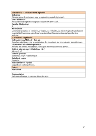Indicateur 3-7. Investissements agricoles
Définition
Dépense annuelle en intrants pour la production agricole (végétale).
Unité de mesure
Monnaie locale/exploitation agricole/an converti en US$/an.
Famille d’indicateur
3
Justification
Comprend les achats de semences, d’engrais, de pesticides, de matériel agricole ; indicateur
essentiel de l’économie agricole de base et explicatif des paramètres de la production
agricole.
L’indicateur en pratique
Calcul, mesure, Méthode - Par qui
Enquêtes spécifiques avec la participation des exploitants qui peuvent noter leurs dépenses.
Disponibilité des données primaires
Mesures des années précédentes; statistiques nationales et locales parfois.
Coût de mise en œuvre (Echelle de 1 à 5)
Moyen, 2 à 3
Limites spatiales
Echelle du projet ou de la région
Echelle de temps
Annuelle
Seuils et valeurs repères
Dépend des contextes locaux.
Autres
Références

Commentaires
Indicateur classique et commun à tous les pays.




                                                                                           57
 