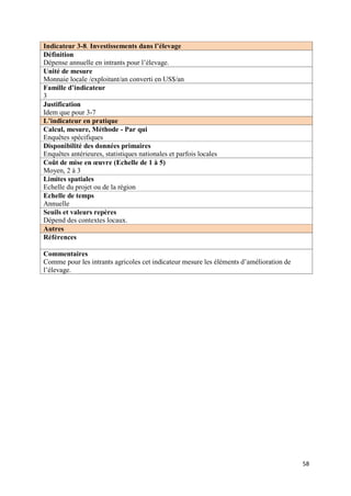 Indicateur 3-8. Investissements dans l’élevage
Définition
Dépense annuelle en intrants pour l’élevage.
Unité de mesure
Monnaie locale /exploitant/an converti en US$/an
Famille d’indicateur
3
Justification
Idem que pour 3-7
L’indicateur en pratique
Calcul, mesure, Méthode - Par qui
Enquêtes spécifiques
Disponibilité des données primaires
Enquêtes antérieures, statistiques nationales et parfois locales
Coût de mise en œuvre (Echelle de 1 à 5)
Moyen, 2 à 3
Limites spatiales
Echelle du projet ou de la région
Echelle de temps
Annuelle
Seuils et valeurs repères
Dépend des contextes locaux.
Autres
Références

Commentaires
Comme pour les intrants agricoles cet indicateur mesure les éléments d’amélioration de
l’élevage.




                                                                                         58
 