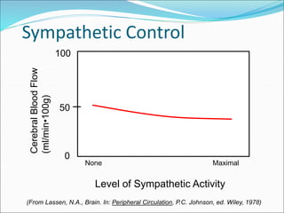 Sympathetic Control
Cerebral
Blood
Flow
(ml/min•100g)
Level of Sympathetic Activity
0
50
100
None Maximal
(From Lassen, N.A., Brain. In: Peripheral Circulation, P.C. Johnson, ed. Wiley, 1978)
 