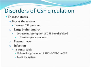 Disorders of CSF circulation
 Disease states
 Blocks the system
 Increase CSF pressure
1. Large brain tumors-
 decrease reabsorbption of CSF into the blood
 Increase 4x above normal
2. Haemorhage
3. Infection
 In cranial vault
 Release Large number of RBC+/- WBC in CSF
 block the system
 