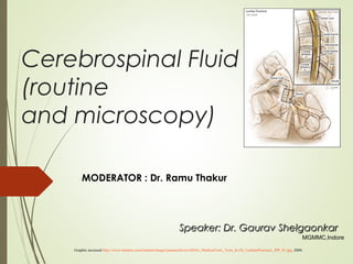 Cerebrospinal Fluid
(routine
and microscopy)
MODERATOR : Dr. Ramu Thakur
Speaker: Dr. Gaurav ShelgaonkarSpeaker: Dr. Gaurav Shelgaonkar
Graphic accessed http://www.medem.com/medem/images/jamaarchives/JAMA_MedicalTests_Tests_lev20_LumbarPuncture_JPP_01.jpg, 2006.
MGMMC,Indore
 