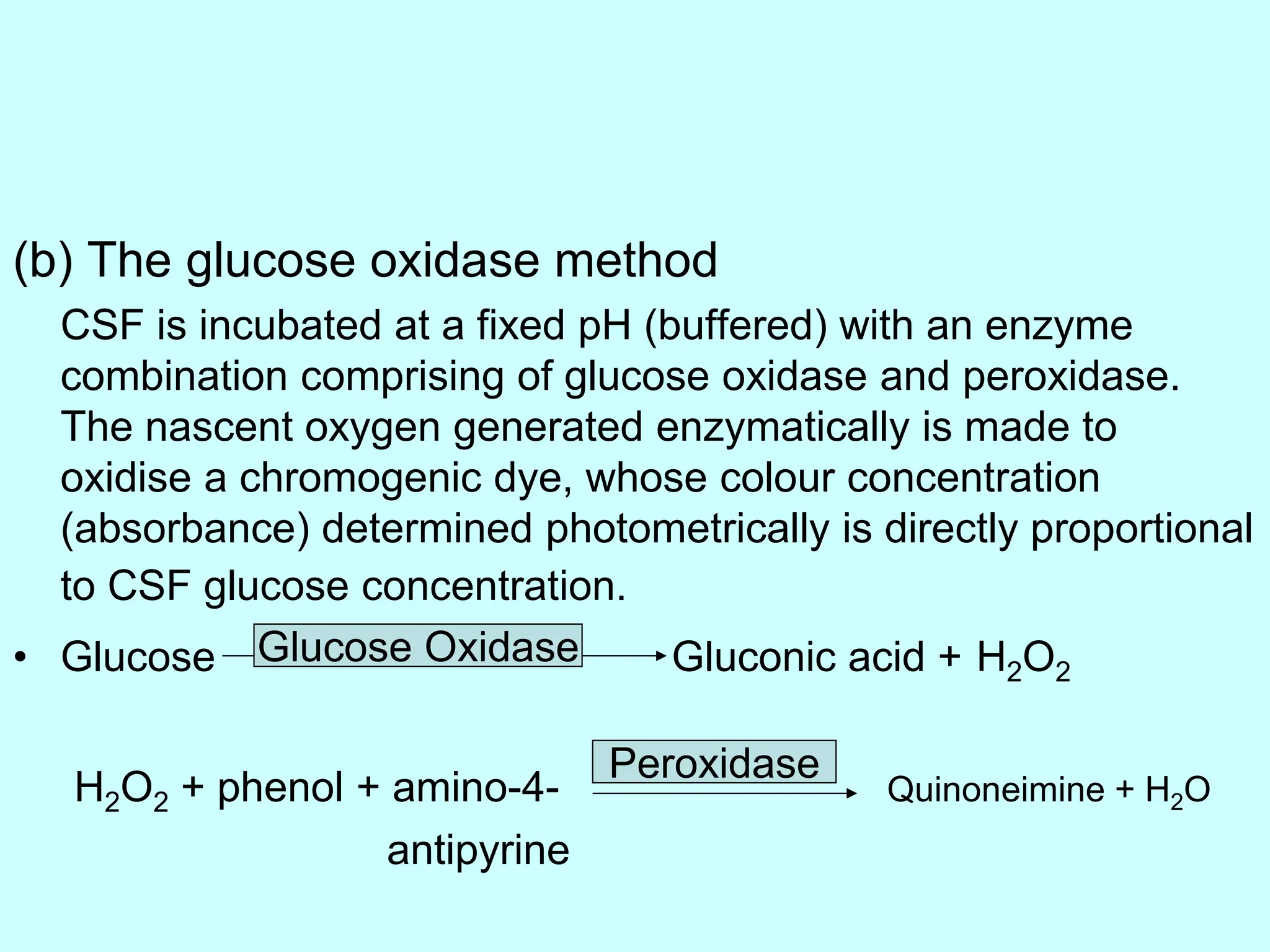 (b) The glucose oxidase method
CSF is incubated at a fixed pH (buffered) with an enzyme
combination comprising of glucose oxidase and peroxidase.
The nascent oxygen generated enzymatically is made to
oxidise a chromogenic dye, whose colour concentration
(absorbance) determined photometrically is directly proportional
to CSF glucose concentration.
• Glucose Gluconic acid + H2O2
H2O2 + phenol + amino-4- Quinoneimine + H2O
antipyrine
Glucose Oxidase
Peroxidase
 