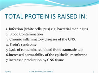 TOTAL PROTEIN IS RAISED IN:
1. Infection (white cells, pus) e.g. bacterial meningitis
2. Blood Contamination
3. Chronic inflammatory diseases of the CNS.
4. Froin’s syndrome
5.Lysis of contaminated blood from traumatic tap
6.Increased permeability of the epithelial membrane
7.Increased production by CNS tissue
05/08/13 9E. S. MOKGWANE; 4TH YR MED
 