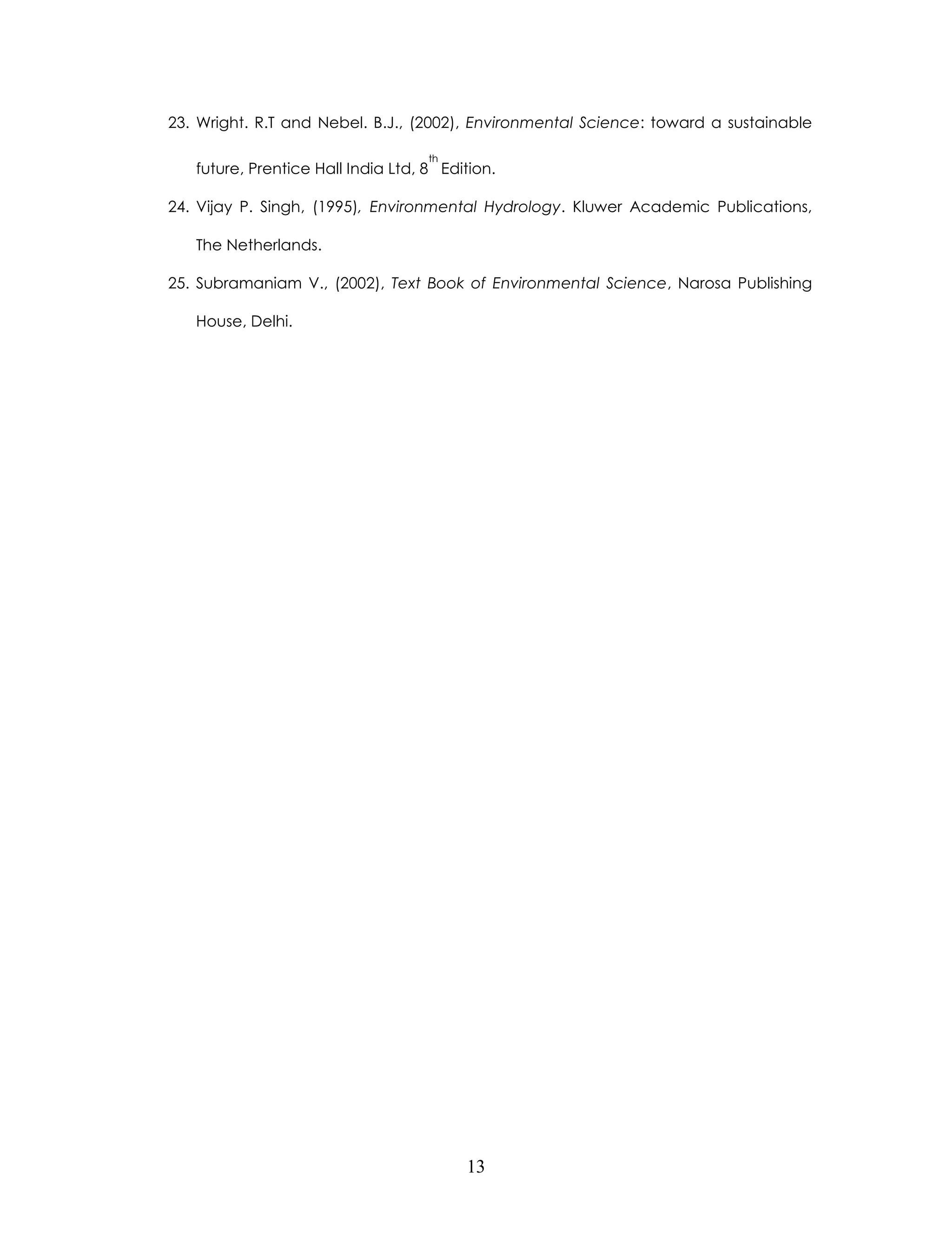 13 
23. Wright. R.T and Nebel. B.J., (2002), Environmental Science: toward a sustainable future, Prentice Hall India Ltd, 8th Edition. 
24. Vijay P. Singh, (1995), Environmental Hydrology. Kluwer Academic Publications, The Netherlands. 
25. Subramaniam V., (2002), Text Book of Environmental Science, Narosa Publishing House, Delhi. 
 