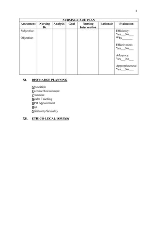 3


                                NURSING CARE PLAN
Assessment    Nursing     Analysis Goal    Nursing      Rationale     Evaluation
                Dx                       Intervention
Subjective:                                                         Efficiency:
                                                                    Yes___No___
Objective:                                                          Why_______

                                                                    Effectiveness:
                                                                    Yes___No___

                                                                    Adequacy:
                                                                    Yes___No___

                                                                    Appropriateness:
                                                                    Yes___No___


 XI.     DISCHARGE PLANNING

         Medication
         Exercise/Environment
         Treatment
         Health Teaching
         OPD Appointment
         Diet
         Spirituality/Sexuality

 XII.    ETHICO-LEGAL ISSUE(S)
 