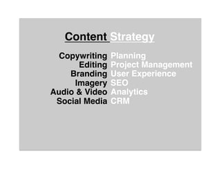Content Strategy"
  Copywriting    Planning"
       Editing   Project Management"
    Branding     User Experience"
      Imagery    SEO"
Audio & Video    Analytics"
 Social Media    CRM"
                 "
                  
                  
                  
                  
                  
                    
              " "
 