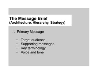 The Message Brief 
(Architecture, Hierarchy, Strategy)"

 1.  Primary Message!
 !
     •  Target audience!
     •  Supporting messages!
     •  Key terminology!
     •  Voice and tone!
 