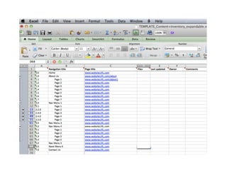 Content Audit"
 Accounting for all of your current web content in a
 single, authoritative document (unfortunately, typically
 a spreadsheet).!
 !
 •  Quantitative!
 •  Qualitative!
 •  Benchmarking!
 •  Maintaining!
 •  Documenting!
 !
 