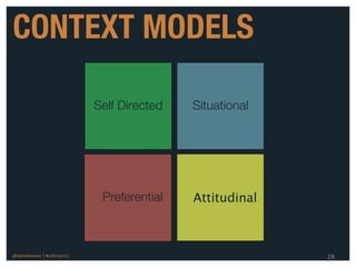 CONTEXT MODELS

                              Self Directed   Situational




                               Preferential   Attitudinal



@danieleizans | #csforum11                                  28
 