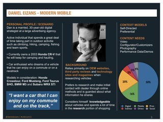 DANIEL EIZANS - MODERN MOBILE

 PERSONAL PROFILE / SCENARIO                                                            CONTEXT MODELS
 Dan is a married, 30-year-old digital                                                  Self-Directed
 strategist at a large advertising agency.                                              Preferential

 Active individual that spends a great deal                                             CONTENT NEEDS
 of time taking part in outdoor activitie                                               Video
 such as climbing, hiking, camping, fishing                                             Configurator/Customizers
 and team sports.                                                                       Photography
                                                                                        Performance Data/Demos
 • Currently owns a 2003 Honda CR-V that
 he will keep for camping and hauling.

 • Car enthusiast who dreams of a vehicle      BACKGROUND
 that he can enjoy on a commute or on a       Relies primarily on OEM websites,
 racetrack                                                                                          5% 4%
                                              third party reviews and technology               5%
                                              sites and magazines when
 Models in consideration: Honda               researching vehicles
 Crosstour, Ford Mustang, Ford Taurus                                                    20%                     50%
 SHO, BMW M3 and Subaru WRX STi               Prefers to research and make initial
                                              contact with dealer through online
                                              methods and is guarded about what
                                                                                                16%
  “I want a car that I can                    information he shares

  enjoy on my commute                         Considers himself knowledgeable
     and on the track,”                       about vehicles and spends a lot of time
                                              in the research portion of shopping
                                                                                           Digital
                                                                                           Indirect
                                                                                                        Mobile
                                                                                                        Direct
                                                                                                                   Print
                                                                                                                   Social


@danieleizans | #csforum11                                                                                             3
 