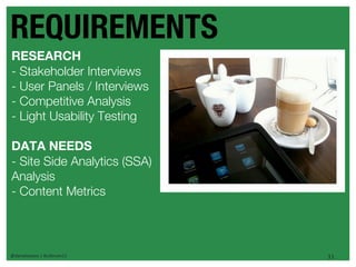 REQUIREMENTS
RESEARCH
- Stakeholder Interviews
- User Panels / Interviews
- Competitive Analysis
- Light Usability Testing

DATA NEEDS
- Site Side Analytics (SSA)
Analysis
- Content Metrics



@danieleizans | #csforum11    31
 