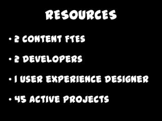 RESOURCES
? 2 content FTEs

? 2 developers

? 1 user experience designer

? 45 active projects
 