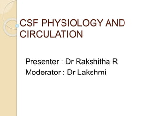 CSF PHYSIOLOGY AND
CIRCULATION
Presenter : Dr Rakshitha R
Moderator : Dr Lakshmi
 