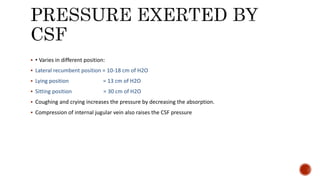  • Varies in different position:
 Lateral recumbent position = 10-18 cm of H2O
 Lying position = 13 cm of H2O
 Sitting position = 30 cm of H2O
 Coughing and crying increases the pressure by decreasing the absorption.
 Compression of internal jugular vein also raises the CSF pressure
 