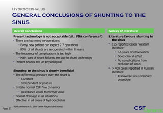 Hydrocephalus General conclusions of shunting to the sinus  Page  Present technology is not acceptable (cit.: FDA conference*) There are too many re-operations Every new patient can expect 2.7 operations 80% of all shunts are re-operated within 8 years The frequency of complications is too high  Main part of shunt failures are due to shunt technology Present shunts are un-physiological  Shunting to the sinus is clearly beneficial The differential pressure over the shunt is  Constant Independent of posture Imitate normal CSF flow dynamics Resistance equal to normal value Normal drainage in all situations Effective in all cases of hydrocephalus Overall conclusions Survey of literature Literature favours shunting to the sinus  155 reported cases ”western literature” >6 years of observation Good clinical effect No complications from occlusion of sinus > 400 cases reported in Russian literature Transverse sinus standard procedure  * FDA conference 8.1.1999 (www.fda.gov/cdrh/stamp) 