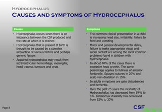 Page  Hydrocephalus occurs when there is an imbalance between the CSF produced and the rate at which it is drained Hydrocephalus that is present at birth is thought to be caused by a complex interaction of various factors and perhaps generic factors Acquired hydrocephalus may result from intraventricular hemorrhage, meningitis, head trauma, tumours and cysts The common clinical presentation in a child is increasing head size, irritability, failure to feed and vomiting Motor and general developmental delay, failure to make appropriate visual and social contact are among the most common problems found in children with hydrocephalus In about 40% of the cases there is excessive head growth. The same percentage applies to fullness of anterior fontanelle. Splayed sutures in 20% and scalp vein dilatation in 15% In adults symptoms are gate disturbances and dementia Over the past 25 years the mortality of Hydrocephalus has decreased from 54% to 5%. Intellectual disability has decreased from 62% to 30% Hydrocephalus Causes and symptoms of Hydrocephalus  Causes Symptoms 