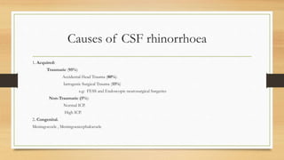 Causes of CSF rhinorrhoea
1. Acquired:
Traumatic (95%)
Accidental Head Trauma (80%).
Iatrogenic Surgical Trauma (15%)
e.g: FESS and Endoscopic neurosurgical Surgeries
Non-Traumatic (5%):
Normal ICP.
High ICP.
2. Congenital.
Meningocoele , Meningoencephalocoele
 