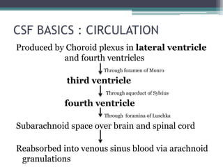 CSF BASICS : CIRCULATION
Produced by Choroid plexus in lateral ventricle
and fourth ventricles
Through foramen of Monro
third ventricle
Through aqueduct of Sylvius
fourth ventricle
Through foramina of Luschka
Subarachnoid space over brain and spinal cord
Reabsorbed into venous sinus blood via arachnoid
granulations
 