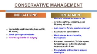 CONSERVATIVE MANAGEMENT
 Immediate post-traumatic leak (within
48 hours)
 Small post-operative leaks
 Poor risk patients for surgery
 Bed rest in head up position (300)
 Avoid coughing, sneezing, nose
blowing, straining
 Anti-tussive: for dry persistent cough
 Laxative: for constipation
 Medications: Acetazolamide,
Furosemide
 Repeated removal of CSF via repeat
lumbar taps or indwelling lumbar
sub-arachnoid drain
 Prophylactic antibiotics to prevent
meningitis
INDICATIONS TREATMENT
 