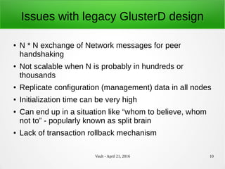 Vault - April 21, 2016 10
Issues with legacy GlusterD design
● N * N exchange of Network messages for peer
handshaking
● Not scalable when N is probably in hundreds or
thousands
● Replicate configuration (management) data in all nodes
● Initialization time can be very high
● Can end up in a situation like “whom to believe, whom
not to” - popularly known as split brain
● Lack of transaction rollback mechanism
 