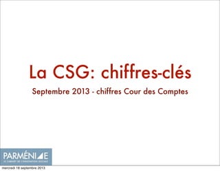 La CSG: chiffres-clés
Septembre 2013 - chiffres Cour des Comptes
mercredi 18 septembre 2013
 